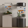 Two Rectangular And Cylindrical Aquariums With Colorful Fish Aquatic Plants And Stands