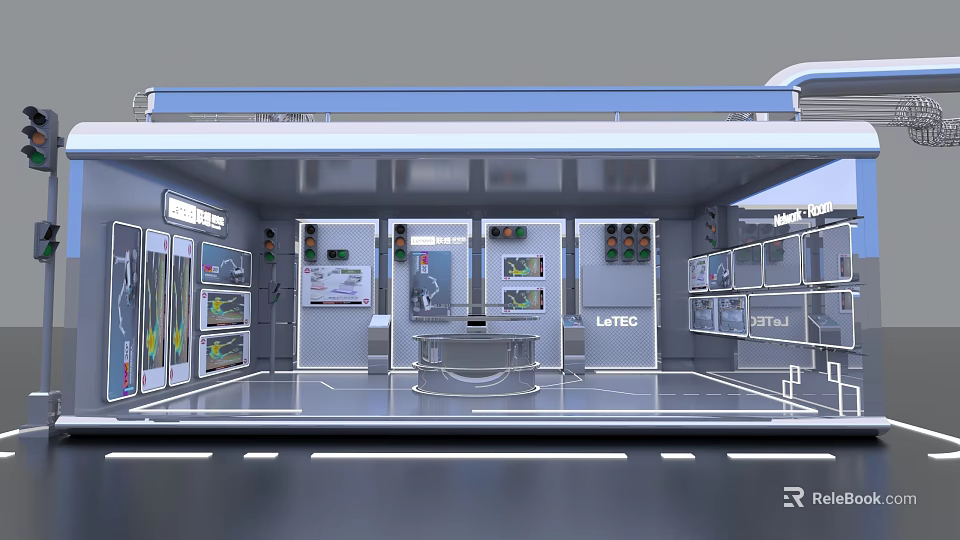 Modern High Tech Interior Space With Storage Racks Workbench And Material Labels 3d model 
