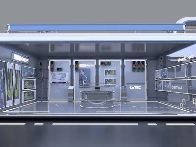 Modern High Tech Interior Space With Storage Racks Workbench And Material Labels 3d model