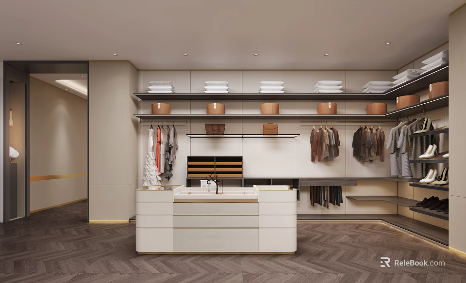 Modern Walk In Closet With Built In Shelves Hanging Clothes And Drawers 3d model 