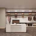 Modern Walk In Closet With Built In Shelves Hanging Clothes And Drawers