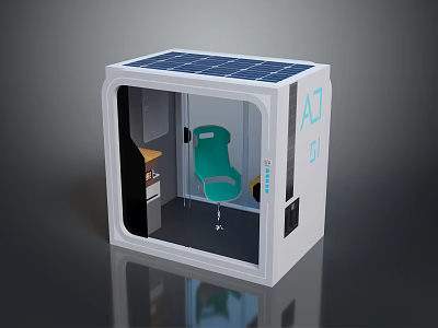 Solar Powered Small Booth Interior With Green Chair And Functional Design 3d model