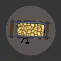 Mining Train Cart Loaded With Ore On Wooden Rail Tracks And Tools
