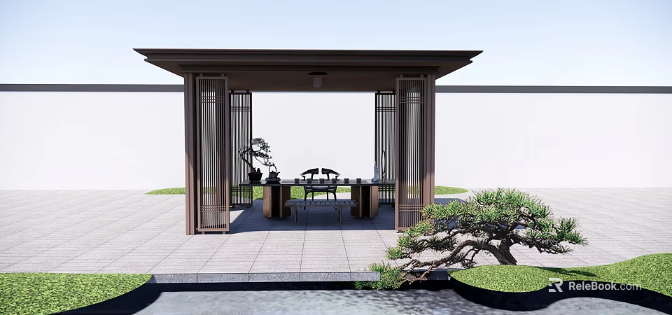 Traditional Chinese Pavilion Courtyard With Latticed Doors Bonsai Tree And Stone Floor 3d model 