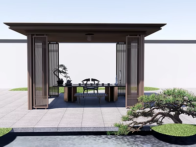Traditional Chinese Pavilion Courtyard With Latticed Doors Bonsai Tree And Stone Floor 3d model