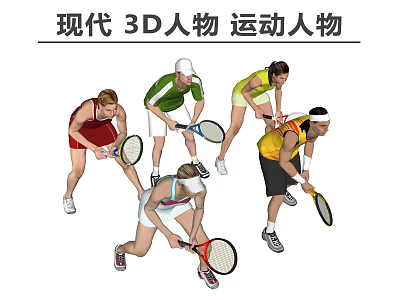 Group of Modern 3D Sports Characters Playing Tennis in Dynamic Poses 3d model