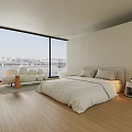 Modern Bedroom Interior With Large Windows City View Wooden Flooring White Bed And Seating Area