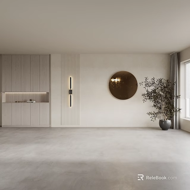 Minimalist Modern Entryway Cabinet and Side Cabinet with Round Mirror Potted Plant and Soft Lighting 3d model 