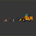 Construction Site Tools With Bulldozer Roller Wheelbarrow Traffic Cones And Barriers 3d model