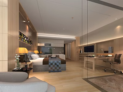 Hotel Guest Room Modern Interior Design With Bed Sofa Work Desk TV And Wooden Flooring 3d model