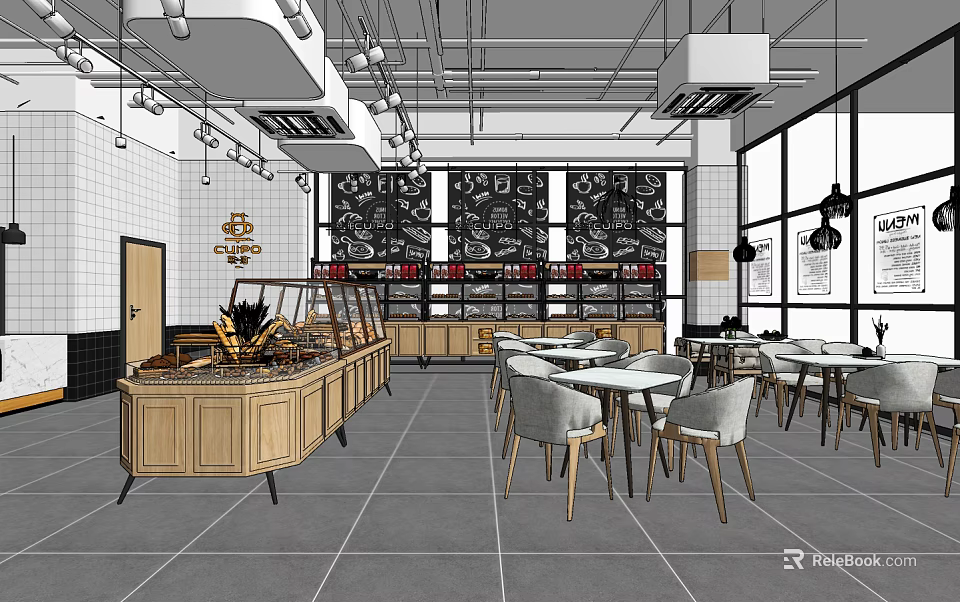 Modern Milk Tea Shop Interior With Glass Display Case Dining Tables And Wall Decorations 3d model 