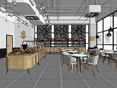 Modern Milk Tea Shop Interior With Glass Display Case Dining Tables And Wall Decorations 3d model