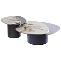 Modern Irregular Marble Top Nesting Coffee Table Set With Sturdy Cylindrical Dark Metal Base