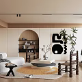 Modern Living Room Interior With Beige Sofa Round Rug Wooden Coffee Table Arched Bookshelf And Fireplace