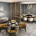 Elegant Modern Restaurant Interior With Wooden Dining Tables Leather Chairs Hanging Lamps And Marble Floor