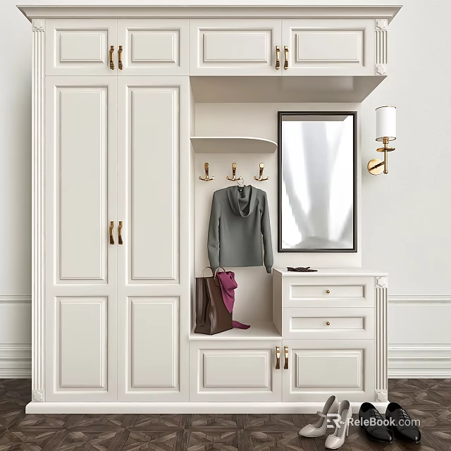 White Modern Wardrobe With Mirror Hooks Drawer Storage And Coat 3d model