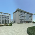 Modern Office Building With Glass Curtain Walls Stone Exterior Walls Spacious Entrance And Plaza Greenery