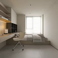 Modern Minimalist Tatami Bedroom Interior With Desk Table Lamp Shelves Black Grid Cabinet And Blinds