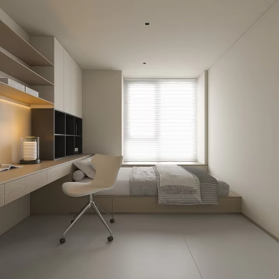 Modern Minimalist Tatami Bedroom Interior With Desk Table Lamp Shelves Black Grid Cabinet And Blinds 3d model