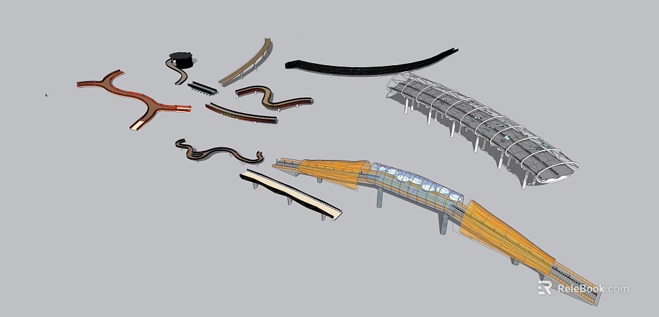 Bridge Design Models with Various Shapes Structures Curved Linear Glass Metal Elements 3d model