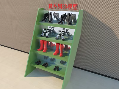 Green Shoe Display Shelf Showcasing Various Styles of Footwear 3d model