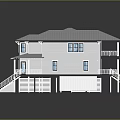 Cartoon Scene White Two Story House With Gray Roof Porch Stairs Blue Windows On Stilts
