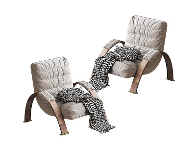 Stylish Light Colored Leisure Chairs With Quilted Design Brown Armrests And Black White Checkered Blanket 3d model