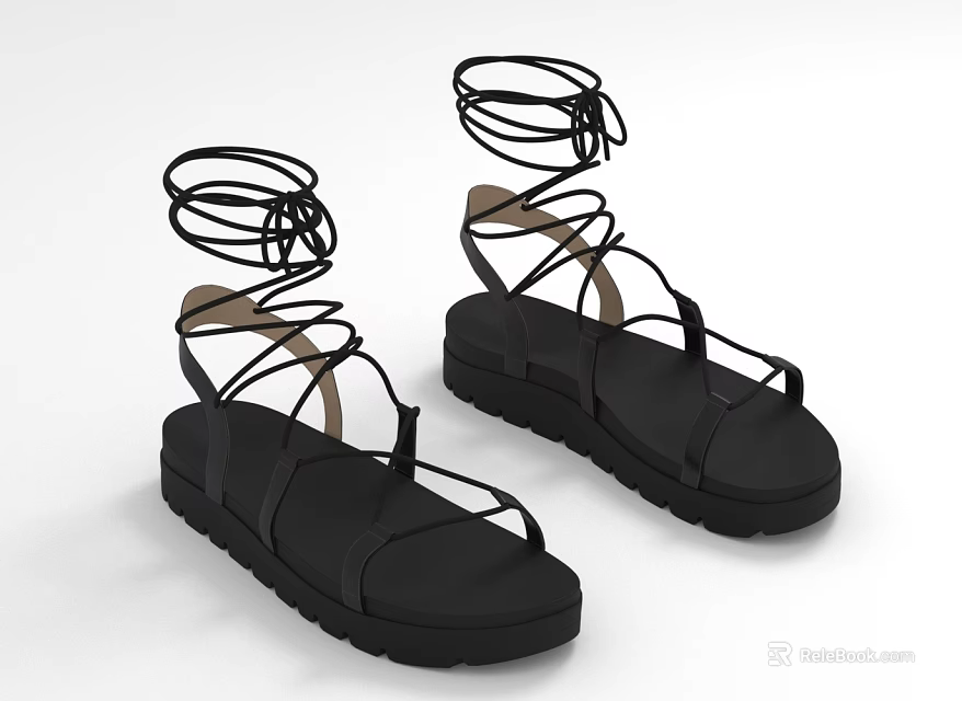 Stylish Black Sandals With Wraparound Ankle Straps And Thick Comfortable Sole 3d model 