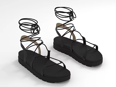 Stylish Black Sandals With Wraparound Ankle Straps And Thick Comfortable Sole 3d model