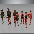 Group Of People In Diverse Costumes Including Witch Hats And Short Dresses Standing Together