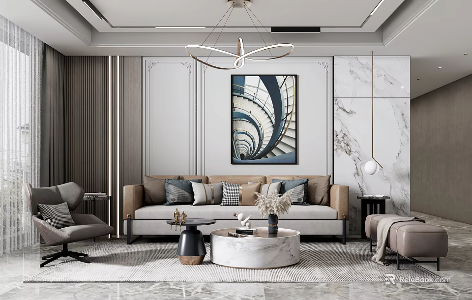 Elegant Modern Sofa Coffee Table Set with Light Gray Throw Pillows and Marble Top 3d model