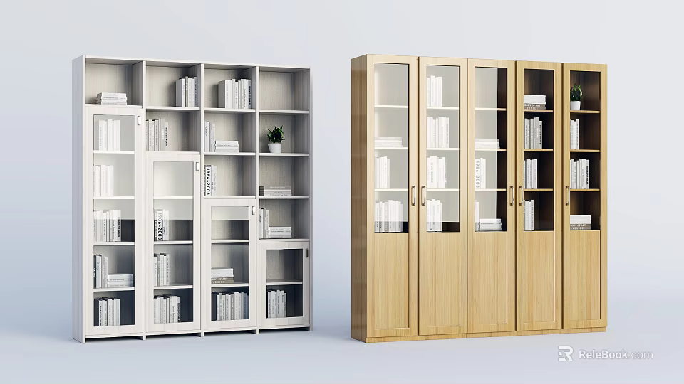 Modern White And Wooden Bookcases With Glass Doors Open Shelves Books And Plants 3d model 