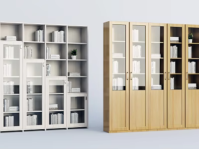 Modern White And Wooden Bookcases With Glass Doors Open Shelves Books And Plants 3d model