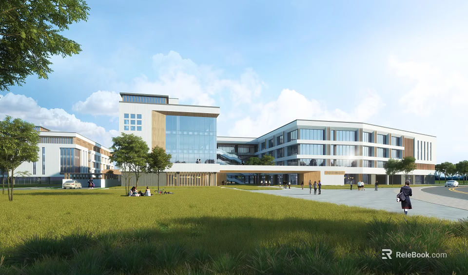 Modern School Building With Glass Curtain Walls Green Lawn And People Activities 3d model 