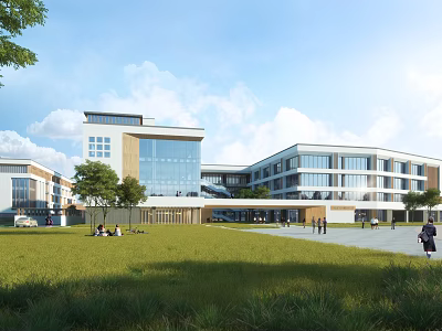 Modern School Building With Glass Curtain Walls Green Lawn And People Activities 3d model