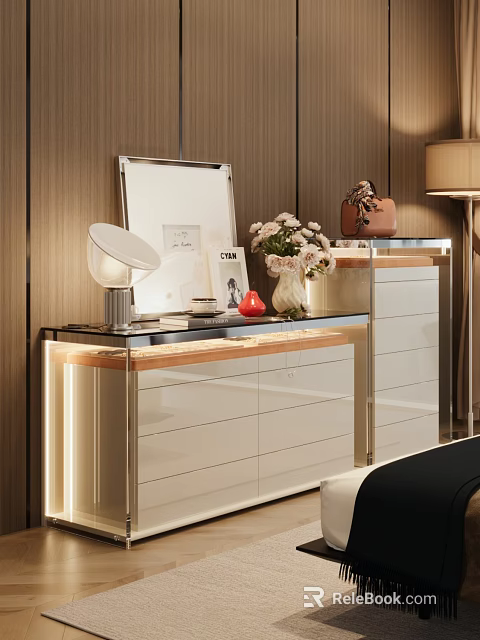 Modern Decorative Cabinet With Flowers Photo Frame Table Lamp Wooden Wall Background White Drawers 3d model 