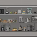 Neatly Arranged Kitchen Shelves With Blender Coffee Maker Rice Cooker Kettle And Utensils