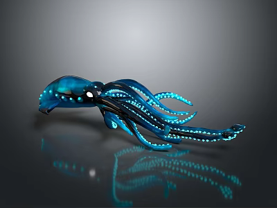 Decorative Blue Squid Sculpture Featuring Glowing Tentacles And Dark Background Reflection 3d model