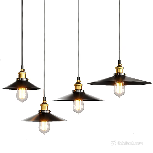 Modern Industrial Pendant Chandeliers With Black Shades Gold Accents And Four Clear Bulbs 3d model 