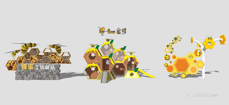 Playful Bee Themed Honeycomb Shaped Feature Wall With Slide For Kids Playground 3d model 