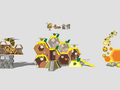 Playful Bee Themed Honeycomb Shaped Feature Wall With Slide For Kids Playground 3d model