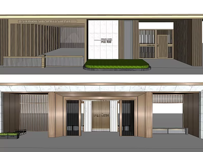 Elegant Modern Entrance Gate Design With Wooden Frame Marble And Greenery Decor 3d model