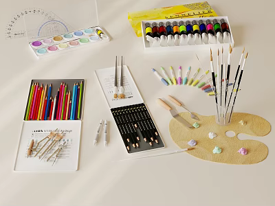 Complete Art Supplies Set With Watercolor Paints Colored Pencils Paintbrushes And Palette 3d model