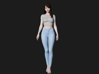 Woman in Gray Short Sleeve Top and Light Blue Jeans Standing Against Black Background 3d model