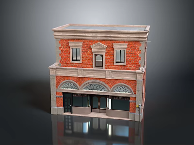 Traditional Two Story Red Brick Building With Arched Doorways And Stone Trim 3d model