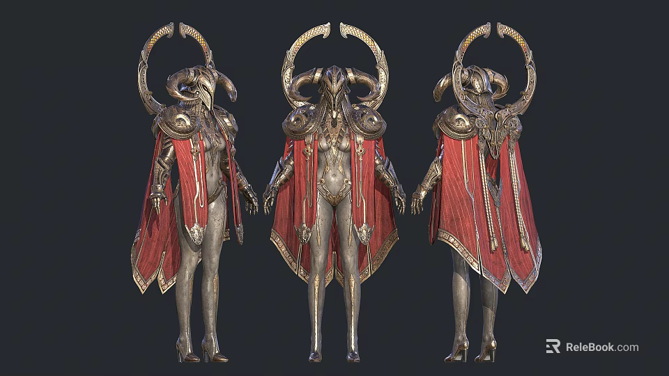 Three Women in Ornate Armor Featuring Gold Decorations Red Capes and Horned Headdresses 3d model 