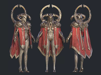 Three Women in Ornate Armor Featuring Gold Decorations Red Capes and Horned Headdresses 3d model