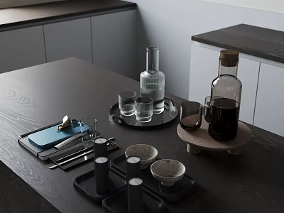 Elegant Modern Kitchen Table Setting With Tray Bottles Glasses Bowls And Cutlery 3d model