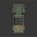 Camouflage Military Truck with Open Cargo Bed and Roof Rack Design