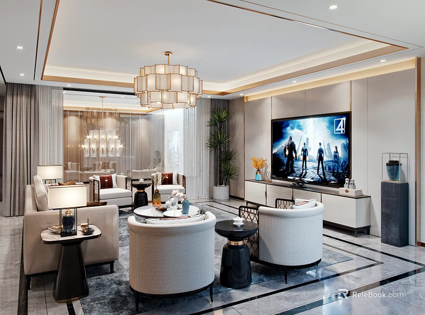 Luxurious Home Theater Interior With Large Screen TV Comfortable Sofas Coffee Tables And Chandelier 3d model 